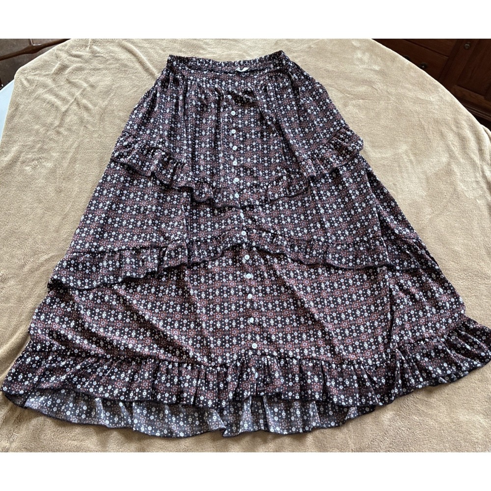 Women's Maxi Skirt Med Black Floral Boho Cottagecore Tiered Ruffles Whimsigoth